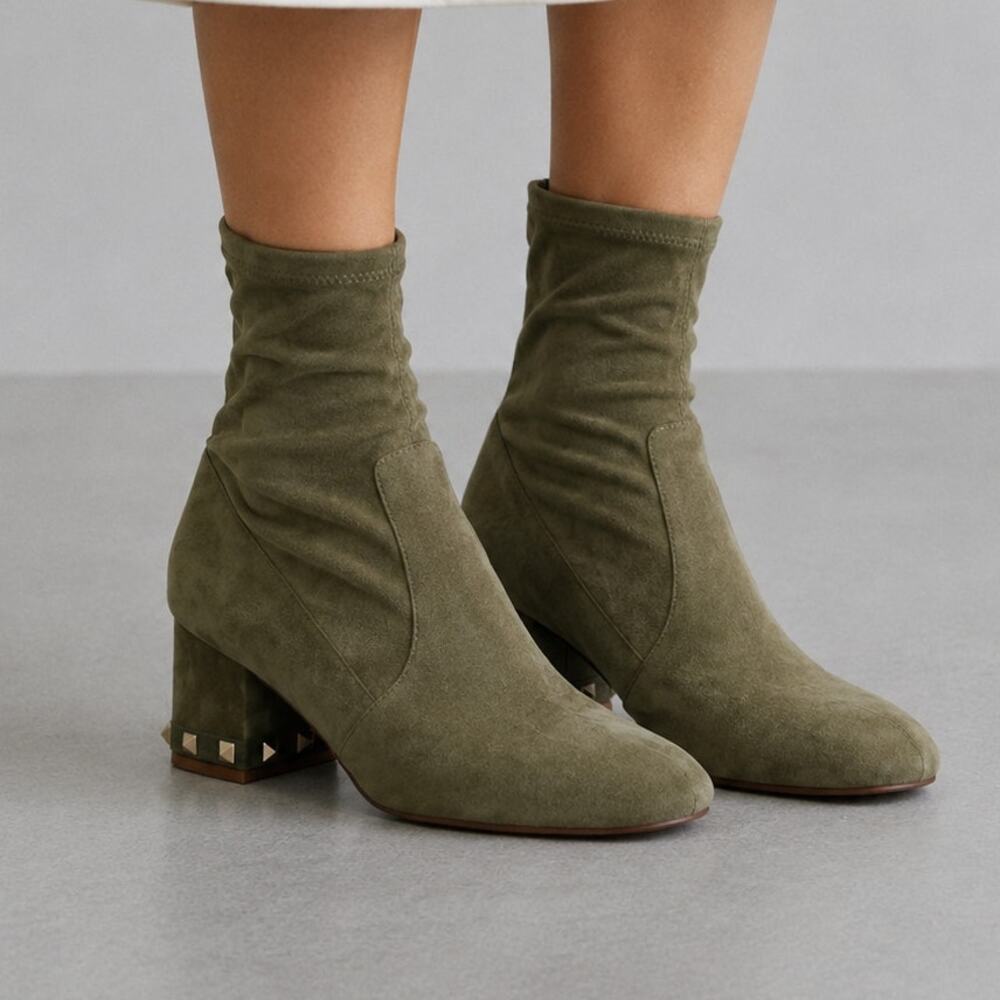 Valentino Garavani Rockstud Bootie Womens EU40/US 10 Green Khaki Suede Ankle